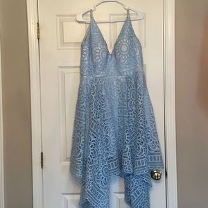 Light Blue V Neck Lace Tea Length Dress